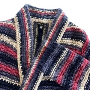 HANNAH Women's S Red Blue White Striped Open Front Long Knitted Cardigan Sweater